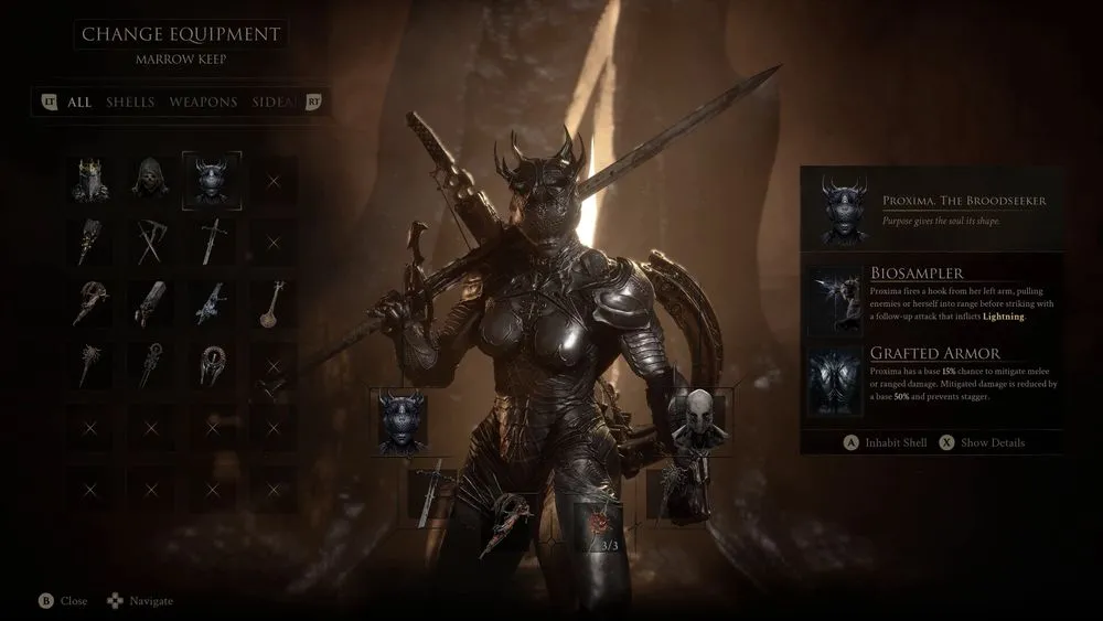 The Mortal Shell II equipment menu showing a character and inventory interface.