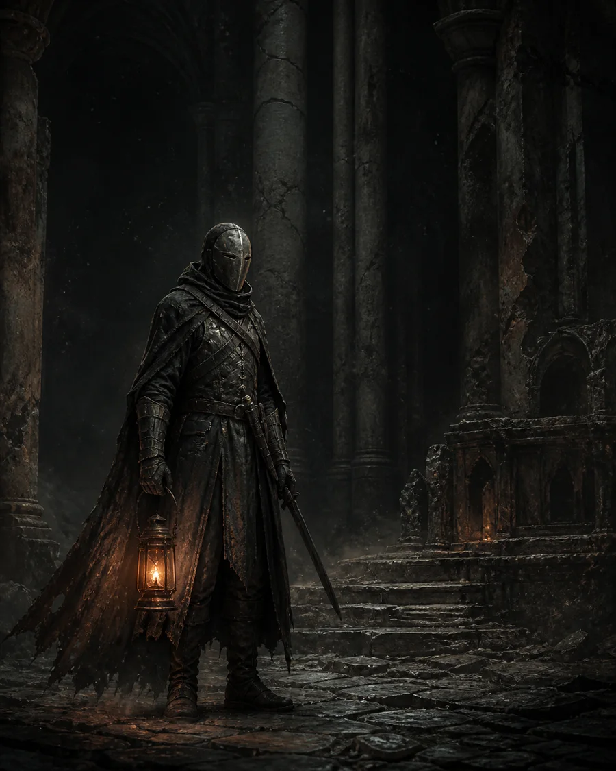 Original illustration of a masked relic hunter exploring a ruined chapel.